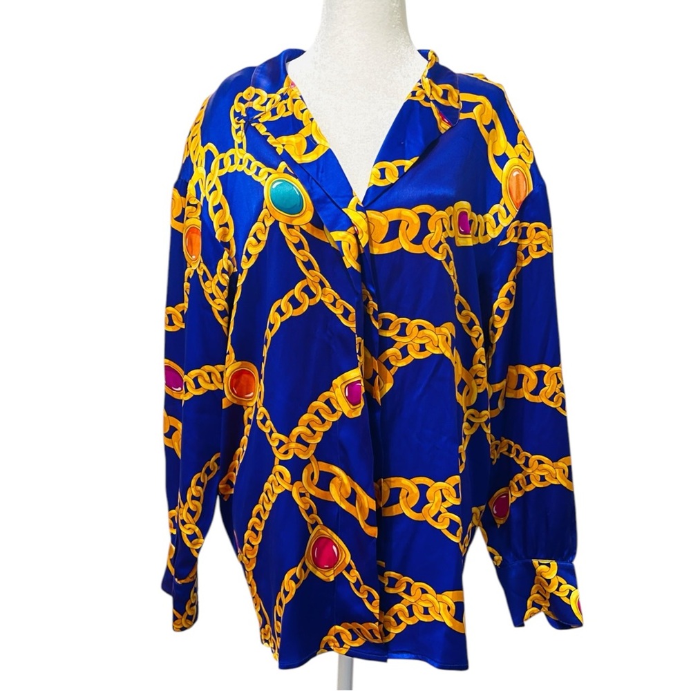 ST JOHN 80s 90s Decadance Vintage Royal Blue Gripoix Longsleeve Silk Blouse XL